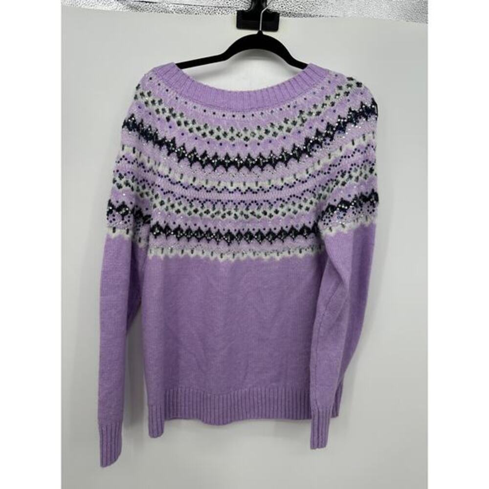 Talbots Purple Fair Isle Sequin Knit Sweater Womens Sz‎ L Wool Blend Cozy Knit - Picture 2 of 7